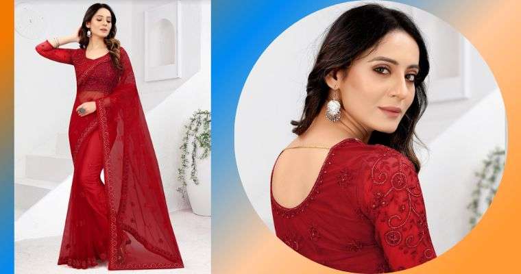 Red Embroidered Net Gorgeous Party Wear Designer Saree
