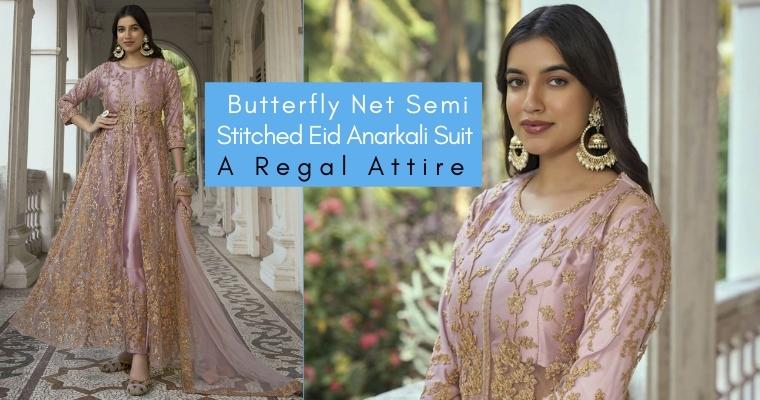 Baby Pink Butterfly Net Semi Stitched Eid Anarkali Suit