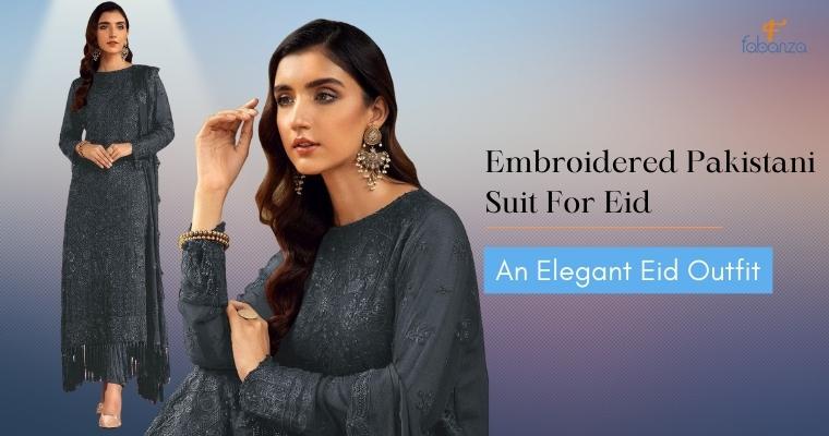 Dark Grey Faux Georgette Embroidered Pakistani Suit For Eid