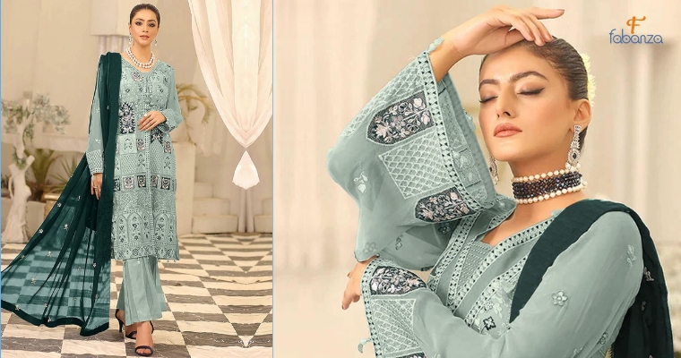 Pastel Green Faux Georgette Pakistani Salwar Kameez For Eid