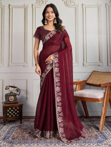 Dark Maroon Burberry Silk Embroidered Saree With Swarovski - Fabanza