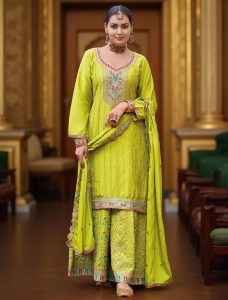 Lemon Green Chinon Ready To Wear Palazzo Suit - Fabanza UK