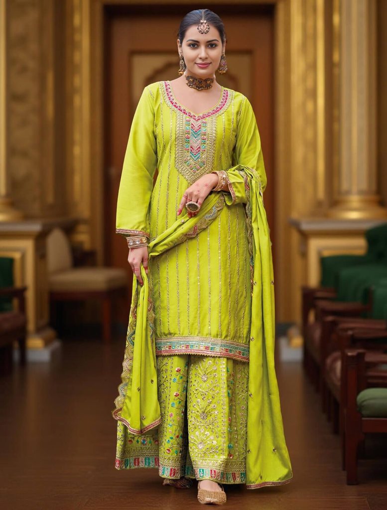 Lemon Green Chinon Ready To Wear Palazzo Suit - Fabanza UK