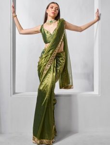 Moss Green Gold Tissue Net Fancy Party Wear Saree - Fabanza