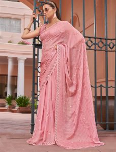 Pinkish Peach Satin Chiffon Blooming Saree With Swarovski - Fabanza UK
