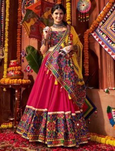 Red And Mustard Viscose Cotton Navratri Special Ready To Wear Lehenga