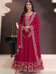 Red Chinon Semi Stitched Anarkali Suit - Fabanza