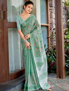 Sea Green Linen Elegant Saree - Fabanza