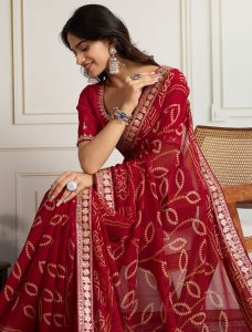 Deep Red Georgette Bandhani Print Saree With Zari And Sequin - Fabanza