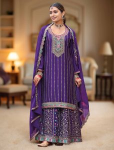Deep Violet Chinon Ready To Wear Palazzo Suit -Fabanza