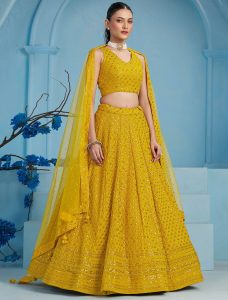 Mustard Yellow Georgette Semi Stitched Embroidered Lehenga - Fabanza