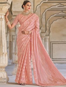 Peach Fancy Embroidered Saree With Moti Work - Fabanza