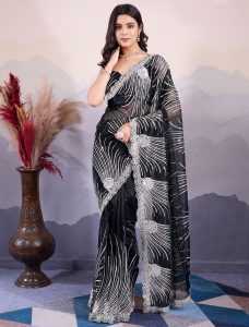 Black Twill Net Stylish Party Wear Saree - Fabanza