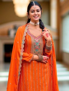 Dark Orange Chinon Ready To Wear Palazzo Suit