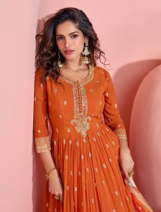 Deep Orange Chinon Ready To Wear Anarkali Suit In Free Size