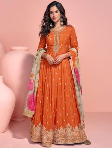 Deep Orange Chinon Ready To Wear Anarkali Suit In Free Size