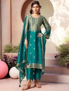 Deep Turquoise Silk Jacquard Elegant Salwar Kameez - Fabanza