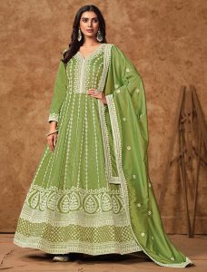 Green Dola Silk Semi Stitched Elegant Anarkali Suit For Eid