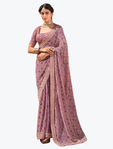 Light Purple Bandhani Print Chiffon Saree - Fabanza