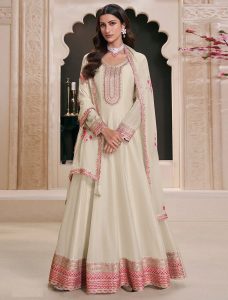 Off White Art Silk Semi Stitched Anarkali Suit - Fabanza UK