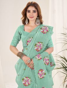 Pastel Green Gold Crush Embroidered Saree