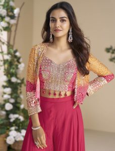 Pink Chinon Ready To Wear Top With Bottom And Jacket