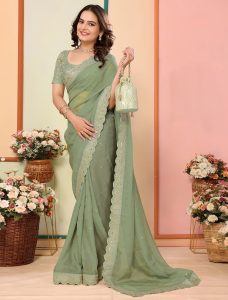 Pista Green Organza Embroidered Saree - Fabanza