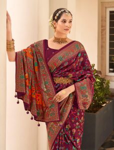 Wine Berry Velvet Tussar Silk Ethnic Saree - Fabanza