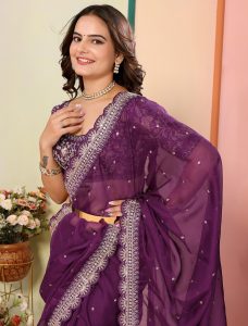 Wine Organza Embroidered Saree - Fabanza