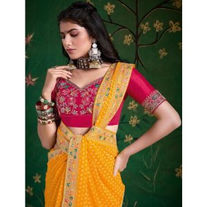 Yellow Georgette Printed Saree With Embroidery