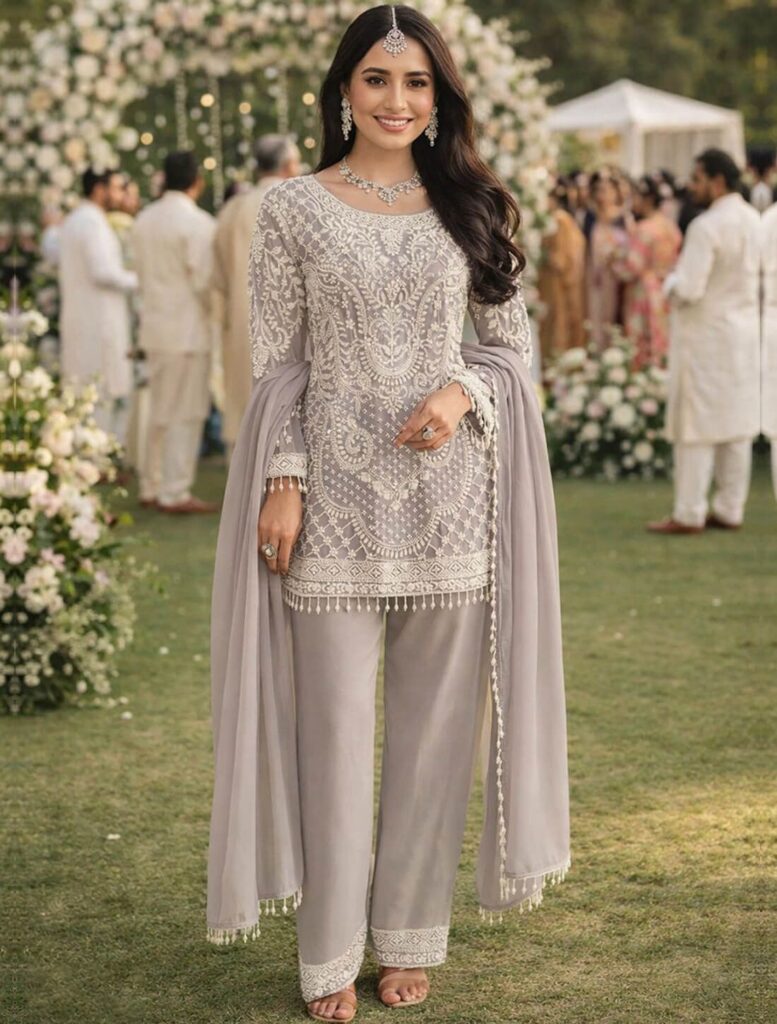 Pastel Grey Premium Georgette Ready To Wear Pakistani Suit For Eid