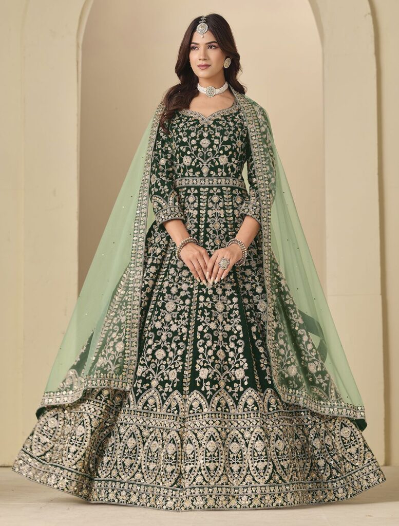 Dark Green Velvet Semi Stitched Anarkali Suit