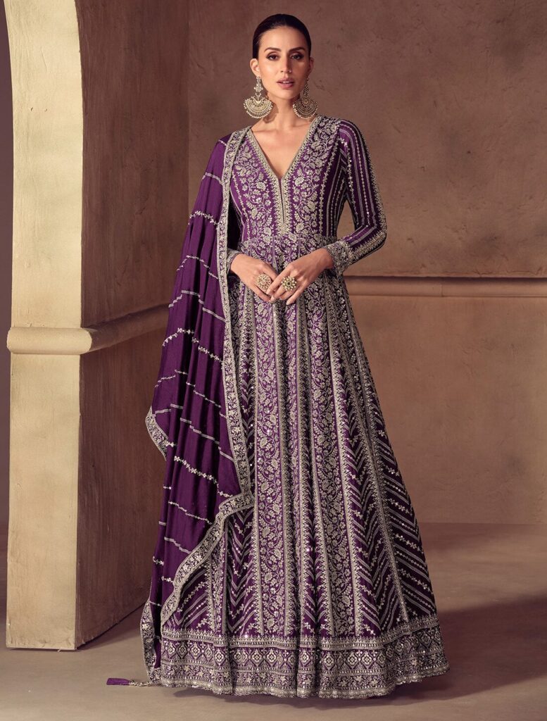 Deep Purple Chinon Designer Ready To Wear Anarkali Suit